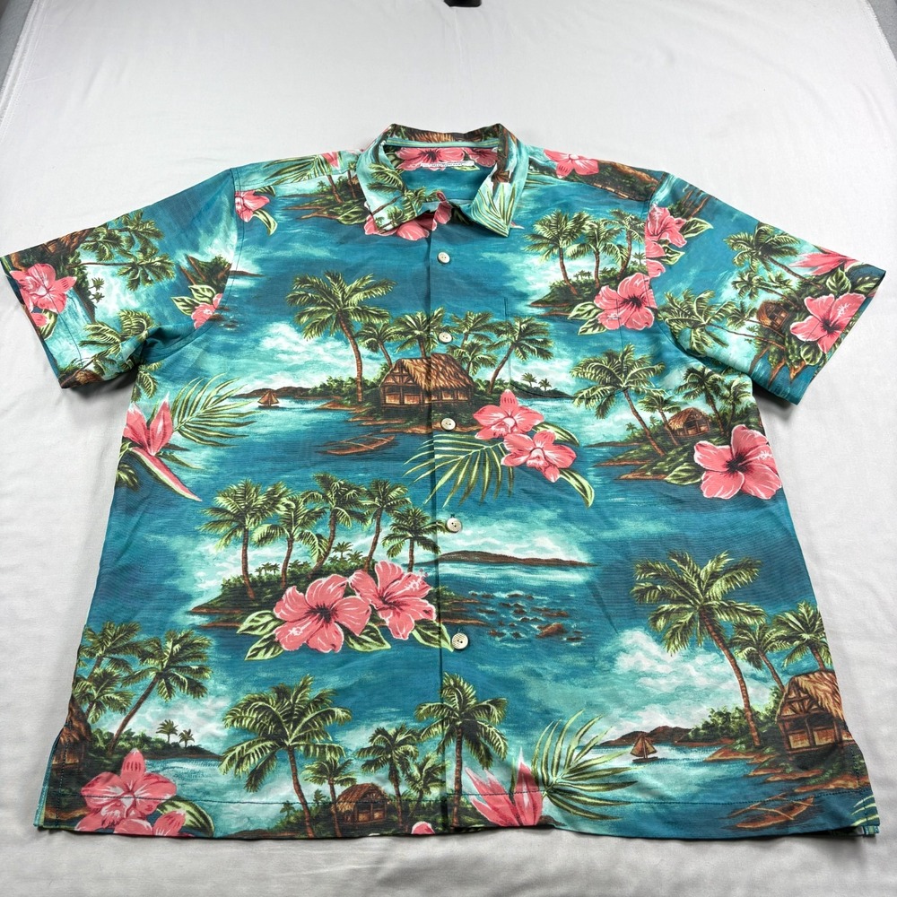 Tommy Bahama Hawaiian Shirt Mens XL Coconut Point Tropical Graphic Camp
